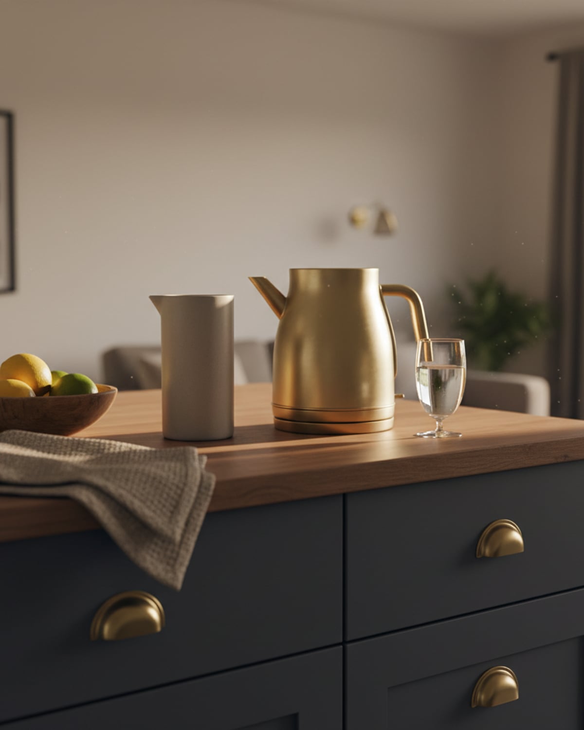 Editorial interior detail of a furnished mid-term rental kitchen island
